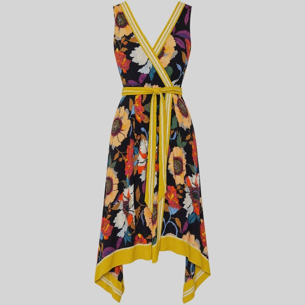 Maeve Anthropologie Botanical Floral Faux Wrap Handkerchief Midi Dress 6 Small